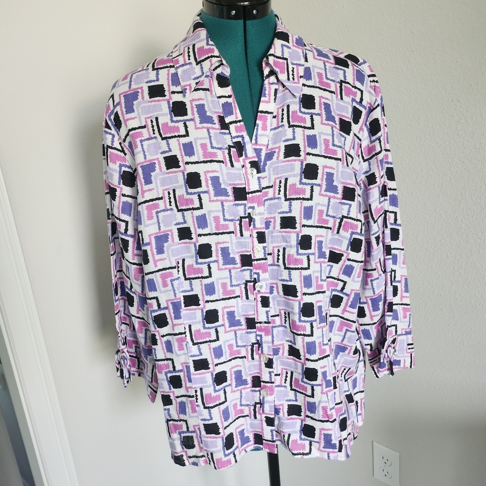 JM Collection Womens Linen Button Up Shirt Sz 16 Box Cut 3/4 Sleeve